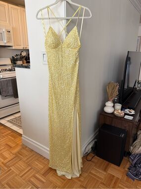 Scala Yellow Sequin Maxi Homecoming Dress with Open Back